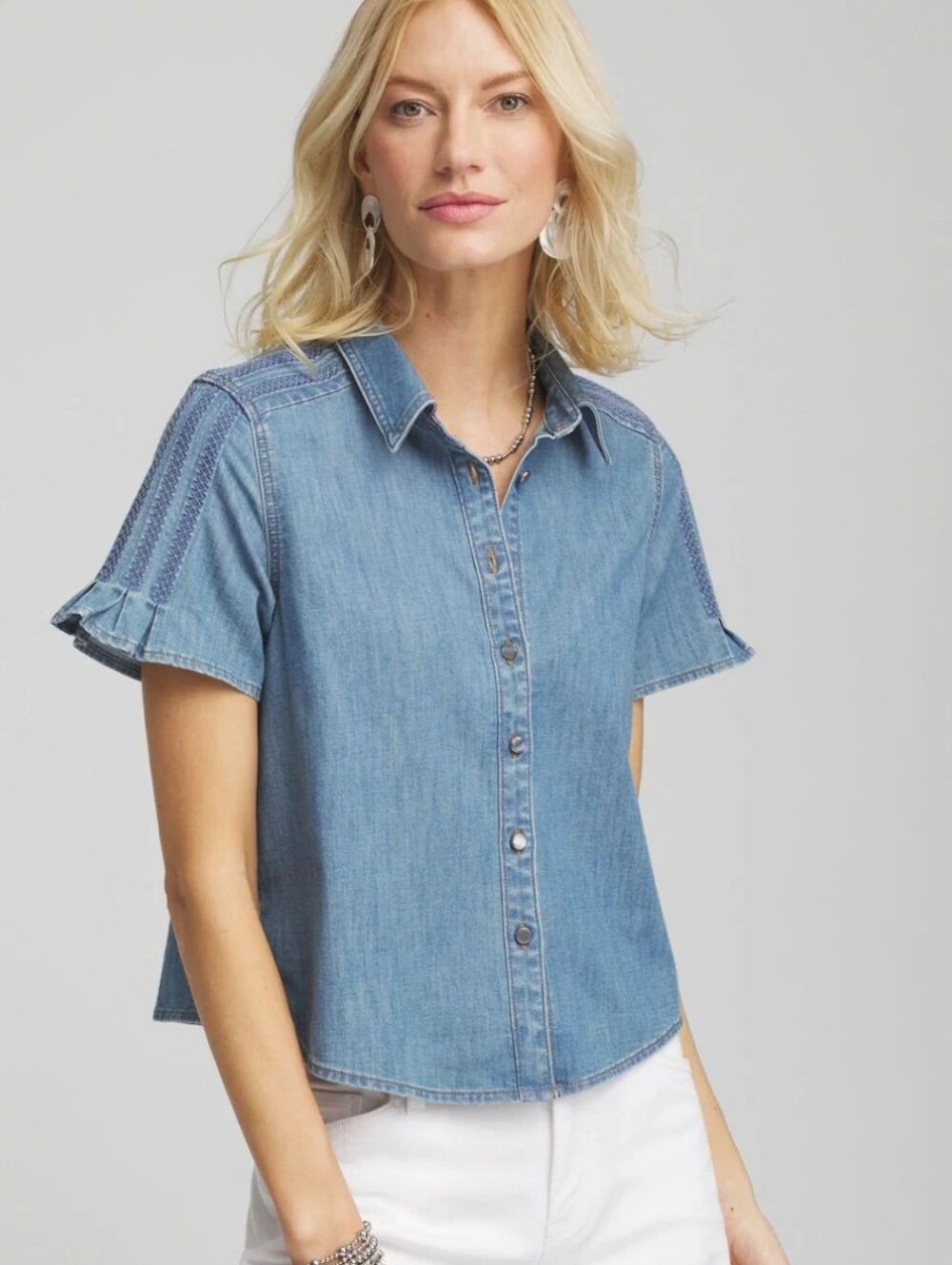 Chico's Denim Ladder Stitch Camp Blouse